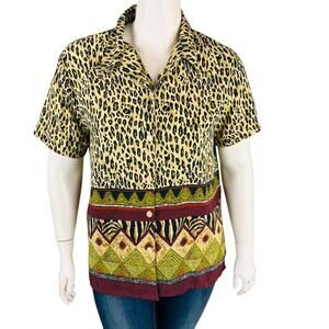Vintage L&S Designs Sz XL Blouse Short Sleeve Collared Animal Abstract Button